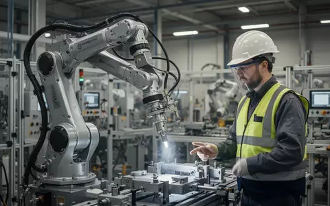 Ein technischer Mitarbeiter arbeitet in einer modernen Fabrikhalle an der Seite eines Industrieroboters. - Foto: über boerse-global.de