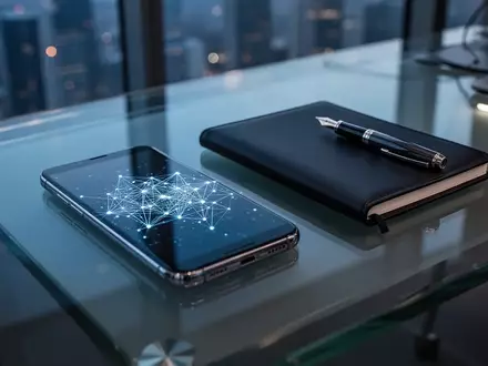 Ein modernes Büro-Setting mit einem Smartphone, das ein abstraktes digitales Netzwerk anzeigt, auf einem minimalistischen Schreibtisch. - Foto: über boerse-global.de