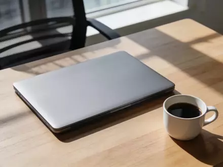 Ein minimalistischer, ruhiger Arbeitsplatz mit einem geschlossenen Laptop und einer Tasse Kaffee in natürlichem Licht. - Foto: über boerse-global.de