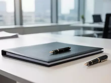 Ein professioneller Schreibtisch in einem modernen Büro mit Aktenordner und Füllfederhalter als Symbol für arbeitsrechtliche Prozesse. - Foto: über boerse-global.de