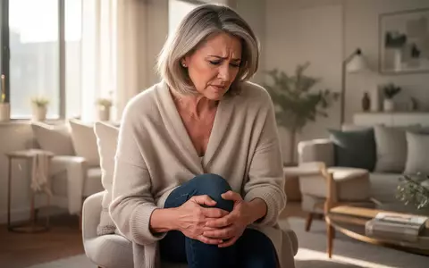 Eine Frau mittleren Alters sitzt in einem hellen Wohnzimmer und hält sich schmerzhaft das Knie. - Foto: über boerse-global.de
