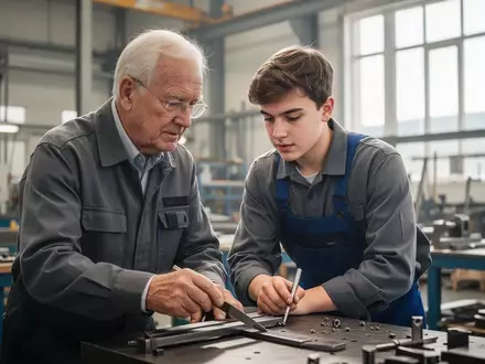 Ein älterer Facharbeiter und ein junger Auszubildender arbeiten gemeinsam an einer Werkbank in einer hellen Werkstatt. - Foto: über boerse-global.de