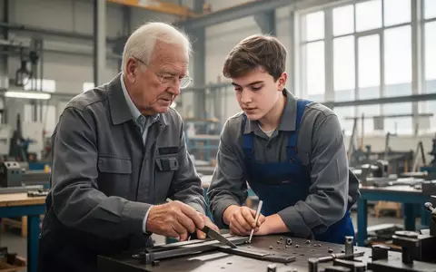 Ein älterer Facharbeiter und ein junger Auszubildender arbeiten gemeinsam an einer Werkbank in einer hellen Werkstatt. - Foto: über boerse-global.de