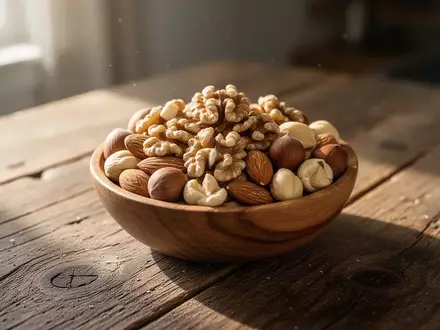 Eine Schale mit verschiedenen naturbelassenen Nüssen auf einem Holztisch bei natürlichem Licht. - Foto: über boerse-global.de