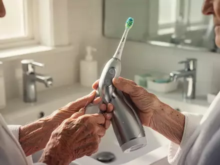 Ältere Person hält eine moderne elektrische Zahnbürste in einem hellen, gut beleuchteten Badezimmer. - Foto: über boerse-global.de