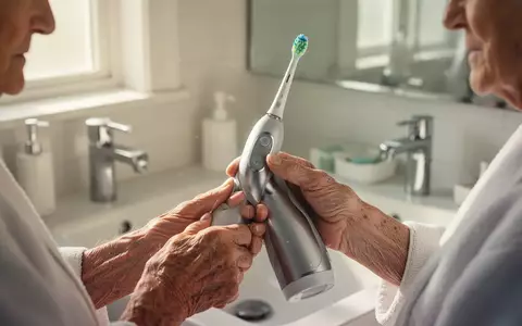 Ältere Person hält eine moderne elektrische Zahnbürste in einem hellen, gut beleuchteten Badezimmer. - Foto: über boerse-global.de