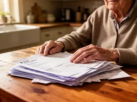 Eine ältere Person sitzt an einem Küchentisch und betrachtet besorgt medizinische Dokumente und Rechnungen. - Foto: über boerse-global.de