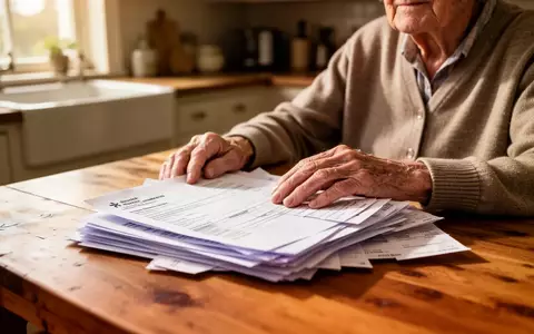 Eine ältere Person sitzt an einem Küchentisch und betrachtet besorgt medizinische Dokumente und Rechnungen. - Foto: über boerse-global.de