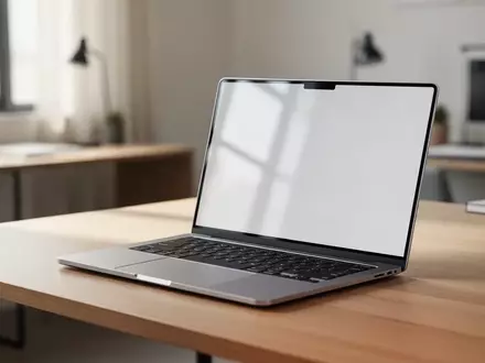 Ein schlankes, silbernes 16-Zoll-Notebook auf einem minimalistischen Schreibtisch in einem modernen Büro bei Tageslicht. - Foto: über boerse-global.de