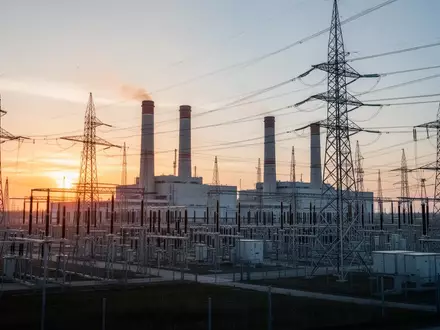 Moderne Industrieanlage eines Kraftwerks mit Hochspannungsmasten bei Sonnenuntergang. - Foto: über boerse-global.de
