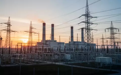 Moderne Industrieanlage eines Kraftwerks mit Hochspannungsmasten bei Sonnenuntergang. - Foto: über boerse-global.de