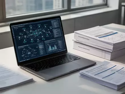 Ein moderner Schreibtisch mit einem Laptop, der komplexe Datenstrukturen anzeigt, neben einem Stapel technischer Dokumente. - Foto: über boerse-global.de