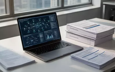Ein moderner Schreibtisch mit einem Laptop, der komplexe Datenstrukturen anzeigt, neben einem Stapel technischer Dokumente. - Foto: über boerse-global.de