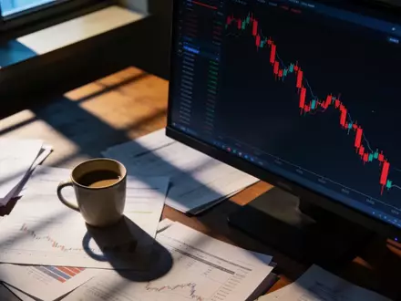 Ein moderner Arbeitsplatz mit einem Computerbildschirm, der einen stark fallenden Aktienkurs anzeigt. - Foto: über boerse-global.de