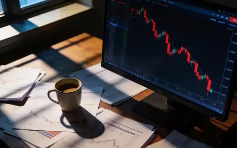 Ein moderner Arbeitsplatz mit einem Computerbildschirm, der einen stark fallenden Aktienkurs anzeigt. - Foto: über boerse-global.de