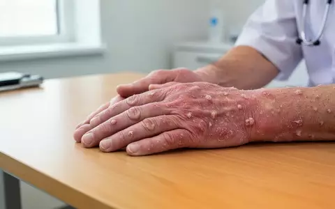 Nahaufnahme von Händen mit Anzeichen eines chronischen Handekzems in einer ärztlichen Praxis. - Foto: über boerse-global.de