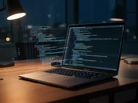 Ein moderner Laptop mit Programmcode auf einem dunklen Büroschreibtisch. - Foto: über boerse-global.de