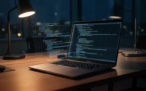 Ein moderner Laptop mit Programmcode auf einem dunklen Büroschreibtisch. - Foto: über boerse-global.de