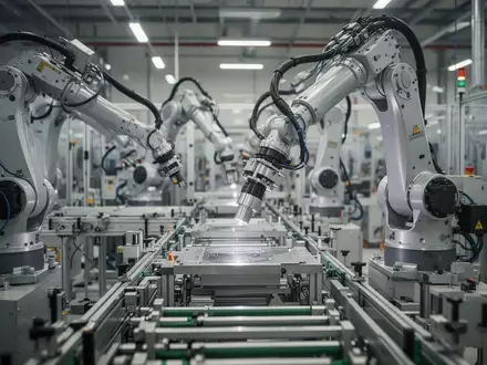 Präzisions-Roboterarme in einer modernen Produktionshalle bei der industriellen Fertigung. - Foto: über boerse-global.de