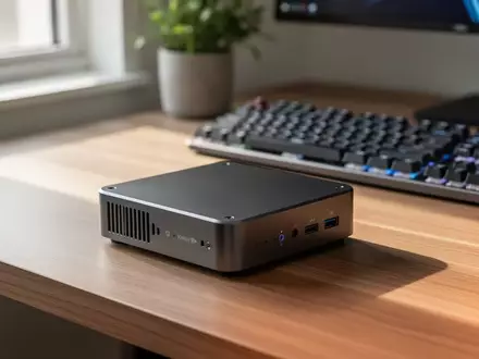 Ein kompakter, dunkelgrauer Mini-PC steht auf einem modernen Holztisch in einem hellen Büro. - Foto: über boerse-global.de