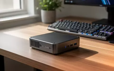 Ein kompakter, dunkelgrauer Mini-PC steht auf einem modernen Holztisch in einem hellen Büro. - Foto: über boerse-global.de