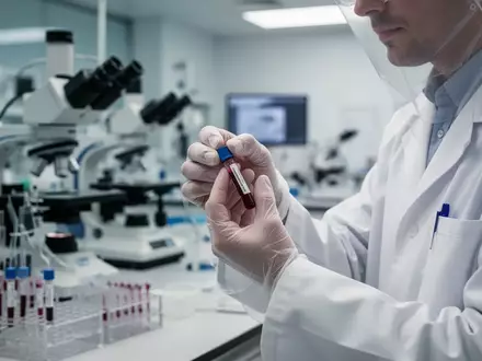 Ein Wissenschaftler in einem modernen Labor hält ein medizinisches Probenröhrchen für eine Alzheimer-Blutuntersuchung. - Foto: über boerse-global.de