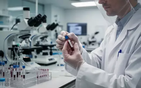 Ein Wissenschaftler in einem modernen Labor hält ein medizinisches Probenröhrchen für eine Alzheimer-Blutuntersuchung. - Foto: über boerse-global.de