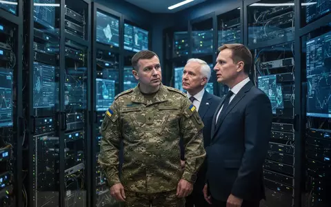 Ein ukrainischer Offizier und ein britischer Vertreter in einem modernen militärischen Kontrollzentrum bei der Analyse von Daten. - Foto: über boerse-global.de