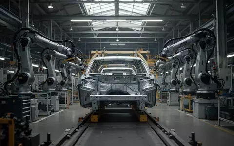 Leeres, industrielles Montageband in einer modernen Automobilfabrik mit einem unfertigen Fahrzeugchassis. - Foto: über boerse-global.de