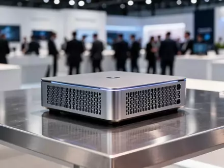 Ein moderner Mini-PC auf einem Metalltisch in einer hellen, professionellen Messeumgebung. - Foto: über boerse-global.de