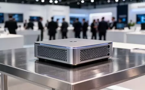 Ein moderner Mini-PC auf einem Metalltisch in einer hellen, professionellen Messeumgebung. - Foto: über boerse-global.de