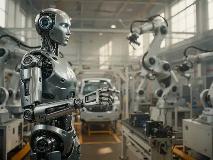 Ein hochmoderner humanoider Roboter steht in einer hellen, sauberen Automobil-Montagehalle. - Foto: über boerse-global.de