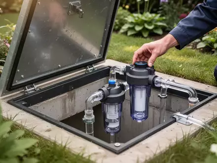 Ein Techniker überprüft einen Wasserfilter in einem geöffneten Zisternenschacht in einem Garten. - Foto: über boerse-global.de