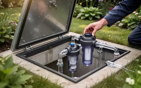 Ein Techniker überprüft einen Wasserfilter in einem geöffneten Zisternenschacht in einem Garten. - Foto: über boerse-global.de
