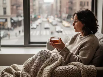Eine Person sitzt entspannt und in eine Decke gewickelt an einem hellen Fenster in einer minimalistischen Wohnung. - Foto: über boerse-global.de