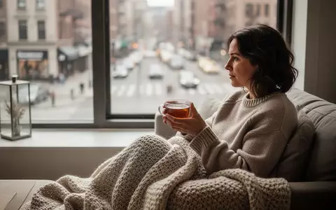 Eine Person sitzt entspannt und in eine Decke gewickelt an einem hellen Fenster in einer minimalistischen Wohnung. - Foto: über boerse-global.de