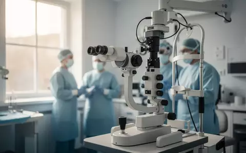 Ein modernes ophthalmologisches Behandlungszimmer mit einem Spaltlampenmikroskop in einer klinischen Umgebung. - Foto: über boerse-global.de