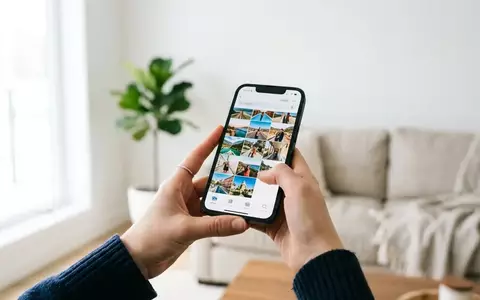 Person hält ein Smartphone in der Hand, auf dessen Display die Foto-App zu sehen ist, vor einem hellen, modernen Hintergrund. - Foto: über boerse-global.de