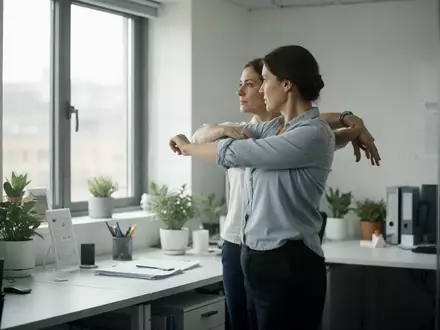 Eine Person macht in einem modernen Büro eine kurze Dehnübung zur Entspannung während der Arbeit. - Foto: über boerse-global.de
