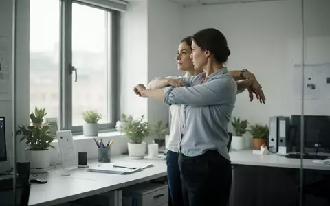 Eine Person macht in einem modernen Büro eine kurze Dehnübung zur Entspannung während der Arbeit. - Foto: über boerse-global.de