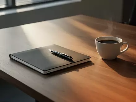 Ein minimalistischer Schreibtisch mit einem Notizbuch und einer Kaffeetasse in sanftem, natürlichem Licht. - Foto: über boerse-global.de