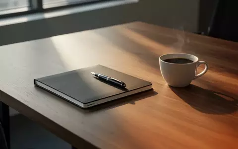 Ein minimalistischer Schreibtisch mit einem Notizbuch und einer Kaffeetasse in sanftem, natürlichem Licht. - Foto: über boerse-global.de