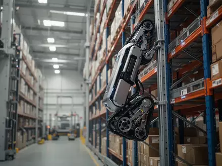 Ein fortschrittlicher Kletterroboter bewegt sich vertikal an einem Hochregal in einem modernen Logistiklager. - Foto: über boerse-global.de