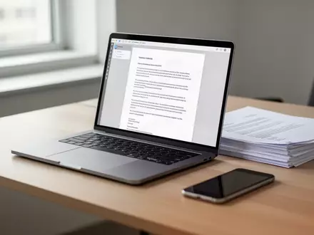 Ein moderner, aufgeräumter Arbeitsplatz mit einem Laptop, auf dem ein hochwertiges digitales Dokument zu sehen ist. - Foto: über boerse-global.de
