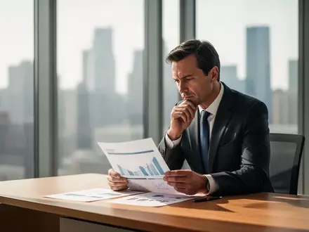 Ein Geschäftsmann sitzt nachdenklich an einem Schreibtisch in einem modernen Büro und prüft Finanzunterlagen. - Foto: über boerse-global.de