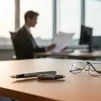 Ein moderner, heller Büroarbeitsplatz mit einem Schreibtisch, Stift und Brille im Fokus vor einem verschwommenen Hintergrund. - Foto: über boerse-global.de