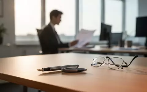 Ein moderner, heller Büroarbeitsplatz mit einem Schreibtisch, Stift und Brille im Fokus vor einem verschwommenen Hintergrund. - Foto: über boerse-global.de