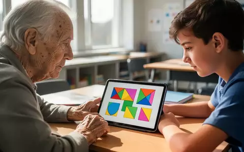 Eine ältere Person und ein Schüler betrachten gemeinsam ein Tablet mit Lernspielen in einem hellen Klassenzimmer. - Foto: über boerse-global.de