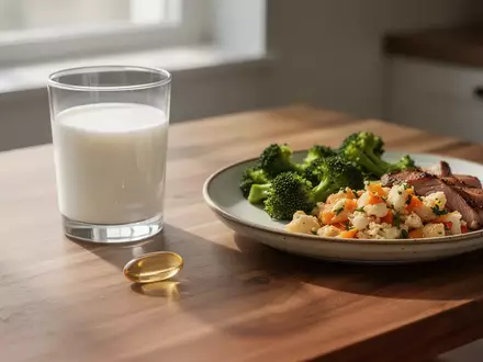 Eine Vitamin-D-Kapsel neben einem Glas Milch und einer gesunden Mahlzeit auf einem Holztisch bei natürlichem Licht. - Foto: über boerse-global.de