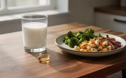 Eine Vitamin-D-Kapsel neben einem Glas Milch und einer gesunden Mahlzeit auf einem Holztisch bei natürlichem Licht. - Foto: über boerse-global.de